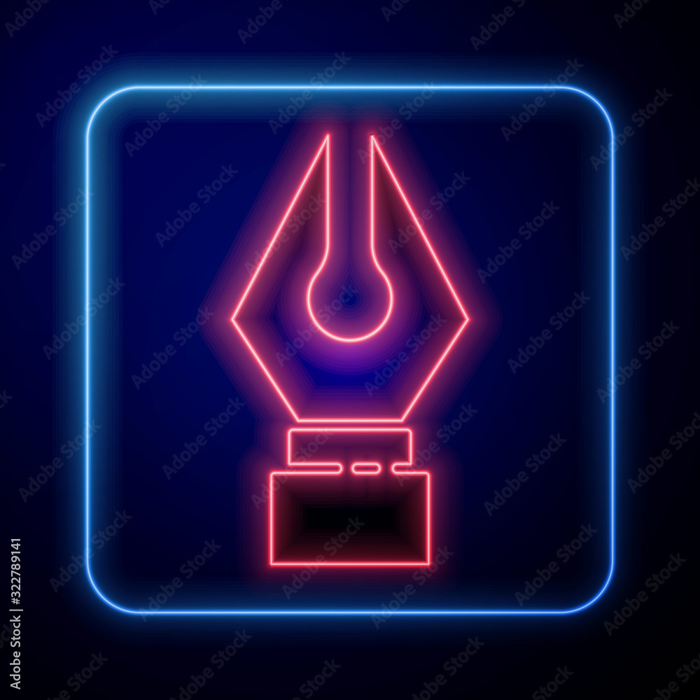 Glowing neon Fountain pen nib icon isolated on blue background. Pen tool sign.  Vector Illustration