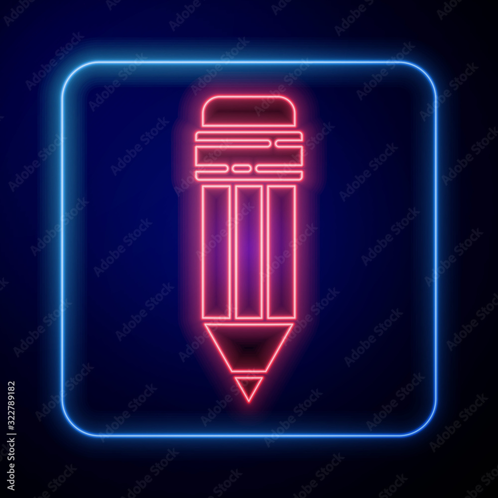 Glowing neon Pencil with eraser icon isolated on blue background. Drawing and educational tools. Sch