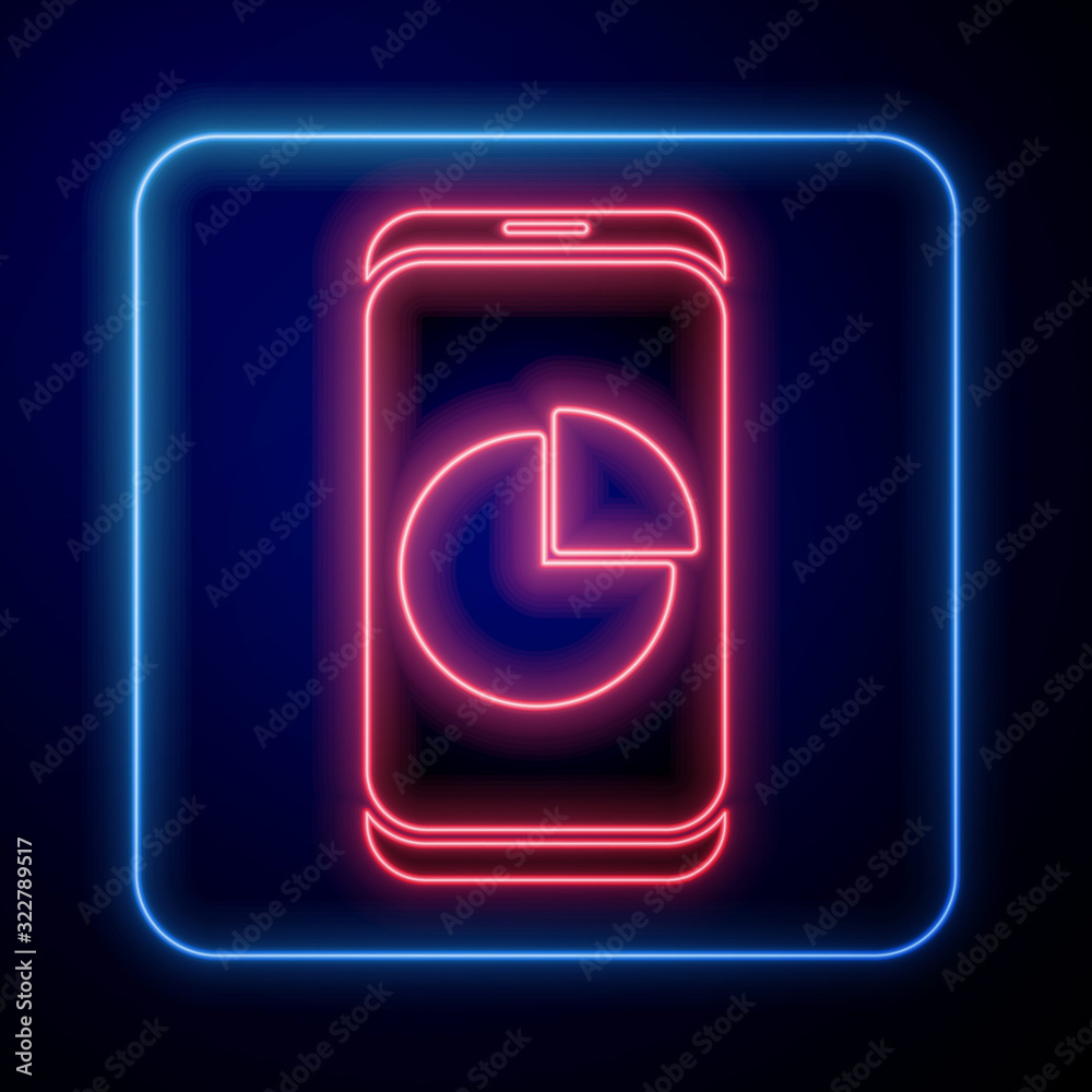 Glowing neon Mobile phone with graph chart icon isolated on blue background. Report text file. Accou