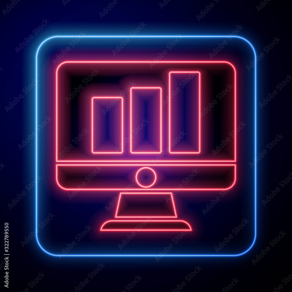 Glowing neon Computer monitor with graph chart icon isolated on blue background. Report text file. A