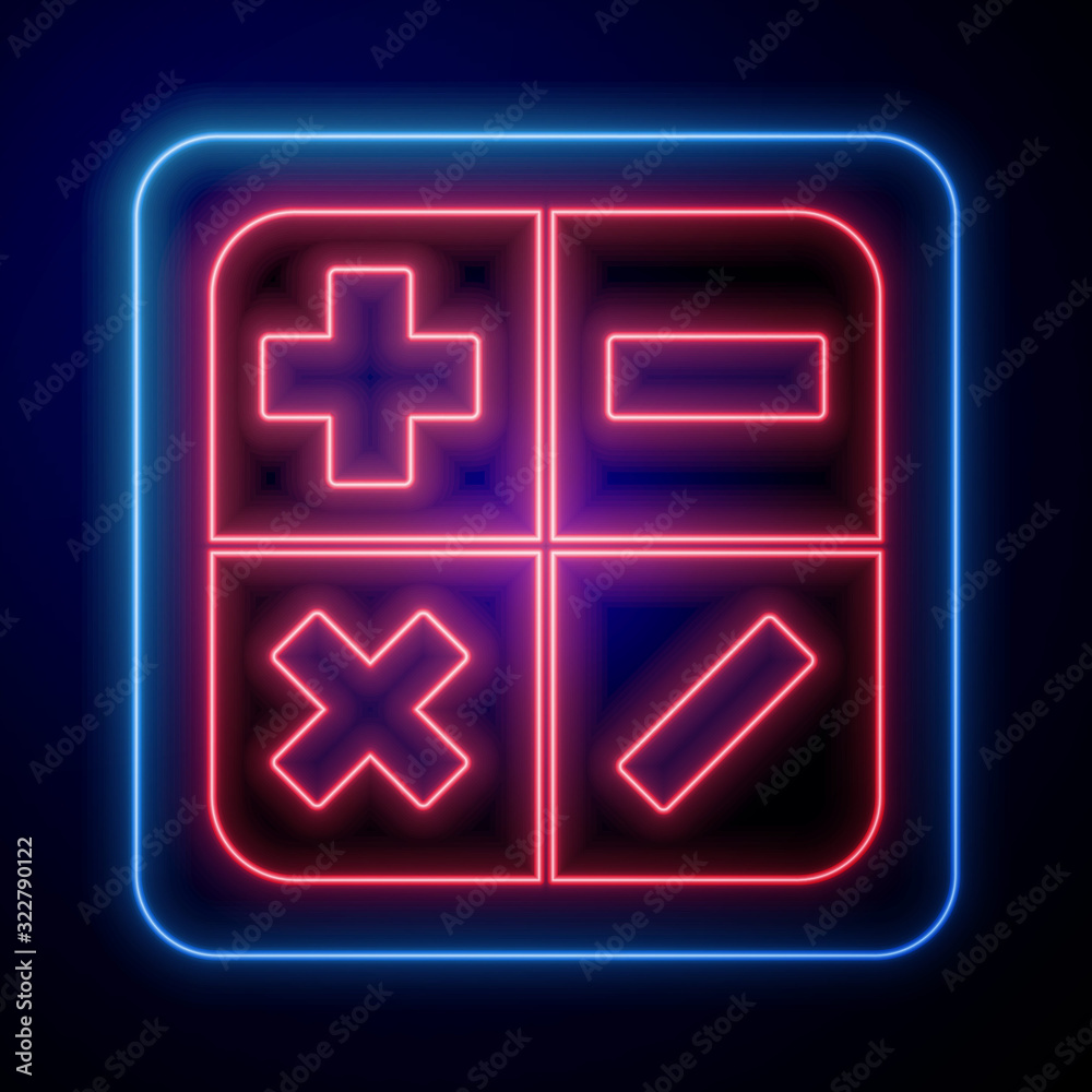 Glowing neon Calculator icon isolated on blue background. Accounting symbol. Business calculations m