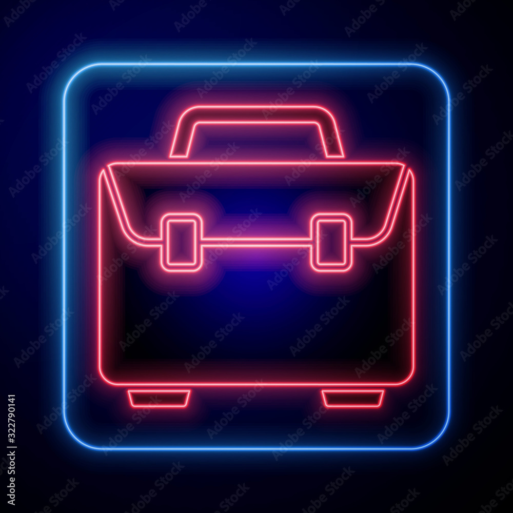 Glowing neon Briefcase icon isolated on blue background. Business case sign. Business portfolio.  Ve