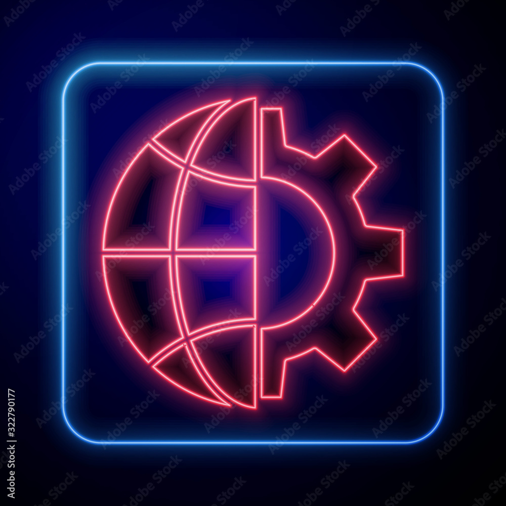 Glowing neon Globe of the Earth and gear or cog icon isolated on blue background. Setting parameters