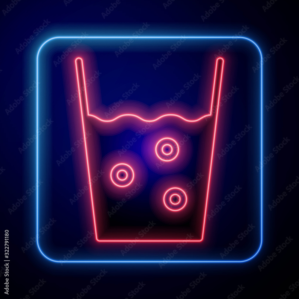 Glowing neon Glass with water icon isolated on blue background. Soda glass.  Vector Illustration