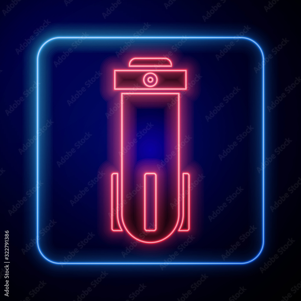 Glowing neon Water filter icon isolated on blue background. System for filtration of water. Reverse 