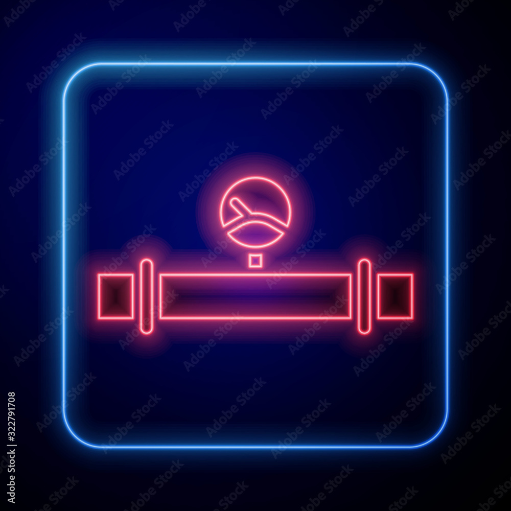 Glowing neon Industry metallic pipe and manometer icon isolated on blue background.  Vector Illustra