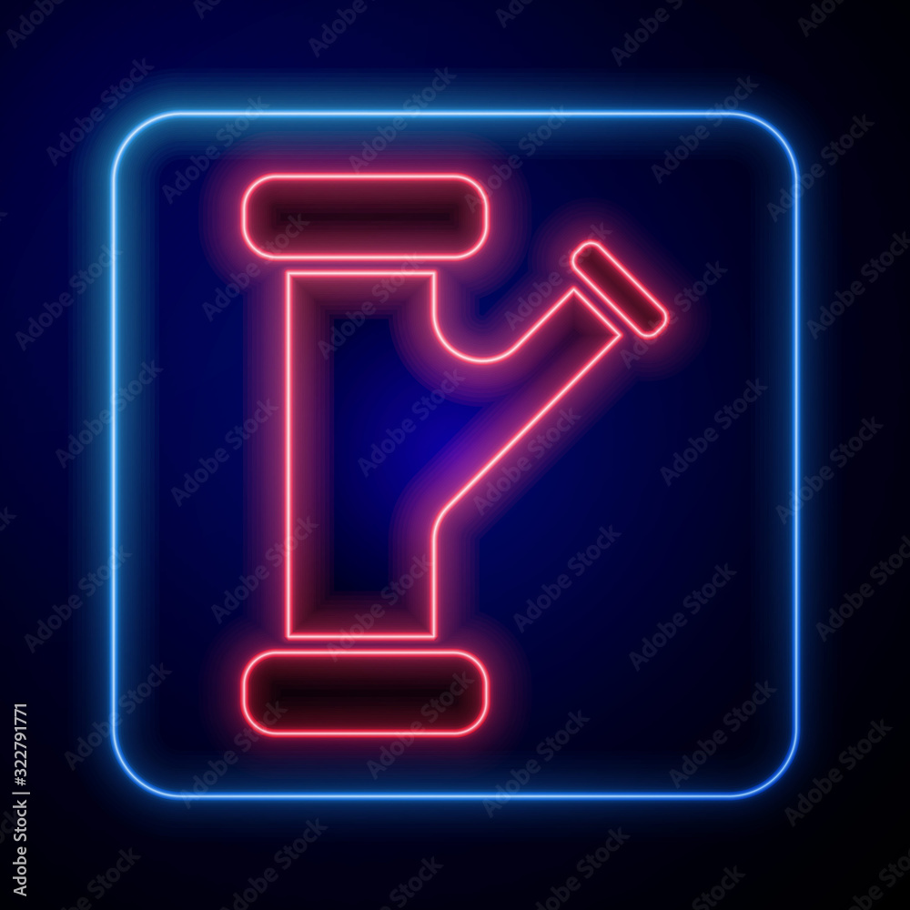 Glowing neon Industry metallic pipe icon isolated on blue background. Plumbing pipeline parts of dif