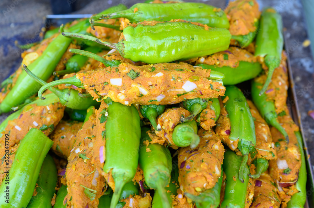 Indian Street food, Fried Spicy Chilli Pakora, The famous food in Jodhpur city in Rajasthan, India.