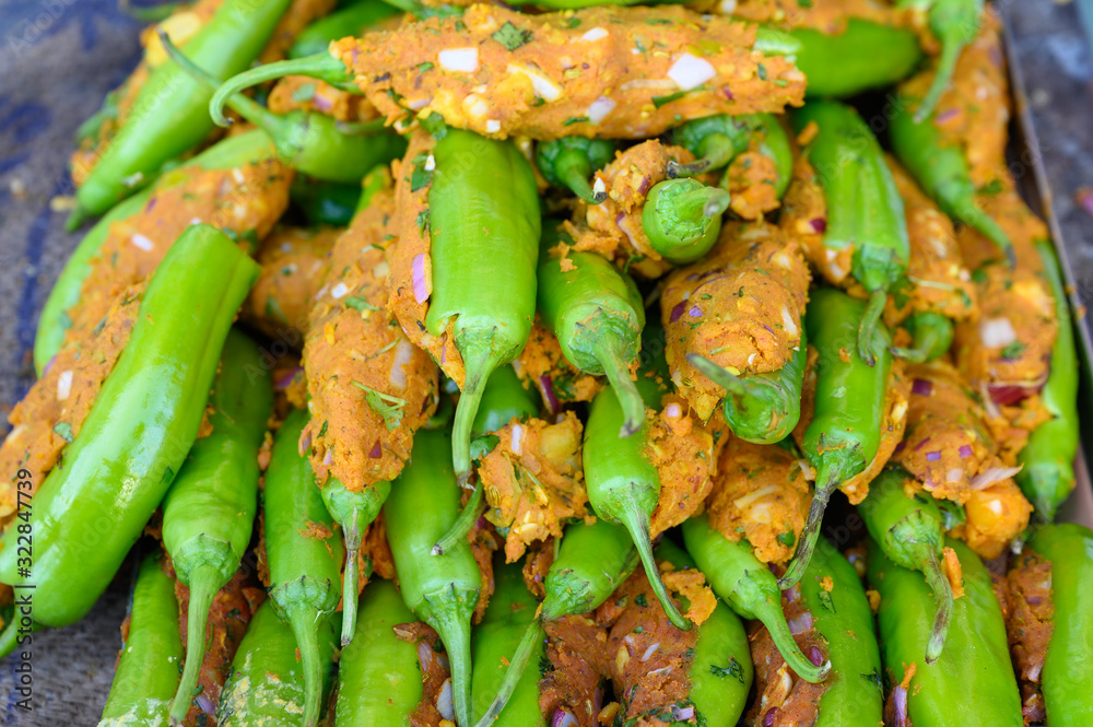 Indian Street food, Fried Spicy Chilli Pakora, The famous food in Jodhpur city in Rajasthan, India.