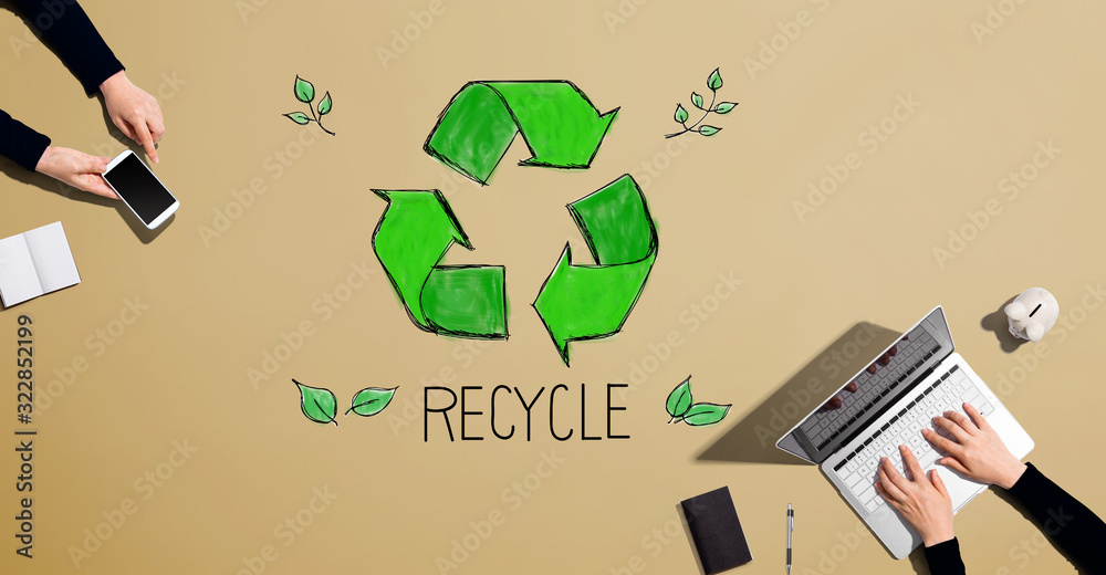 Recycle with people working together with laptop and phone