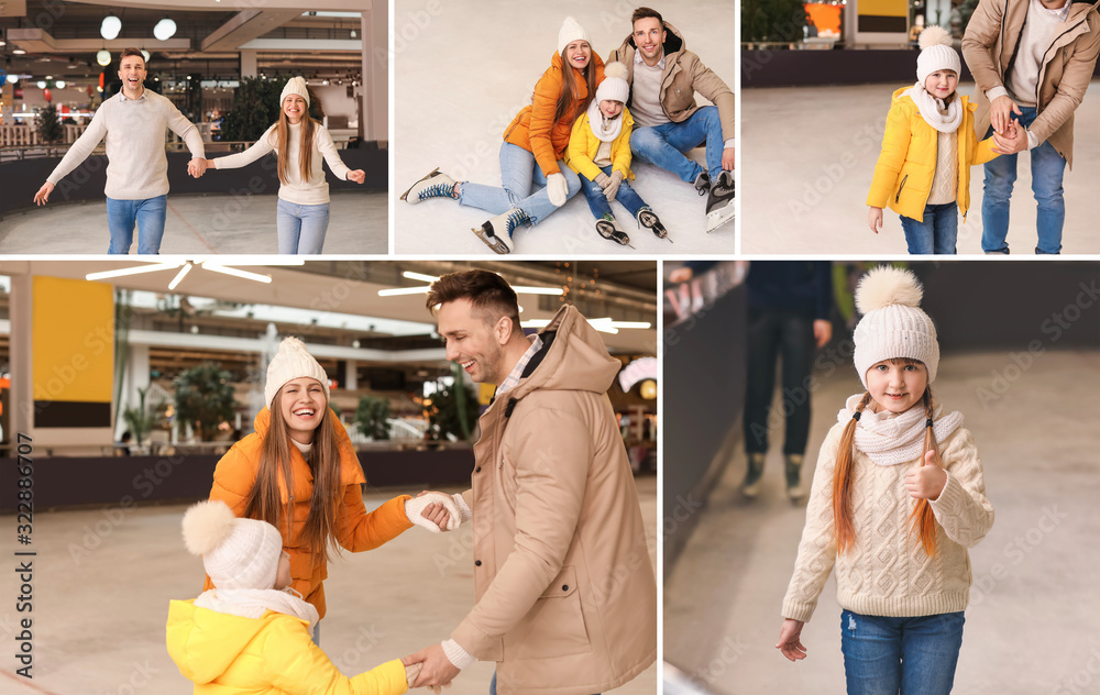 Collage of photos with happy family on skating rink