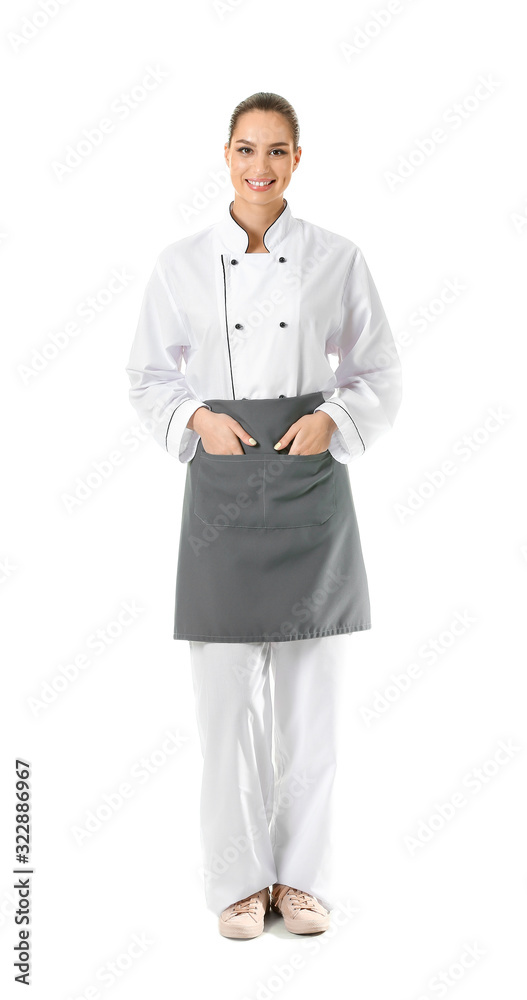 Beautiful female chef on white background