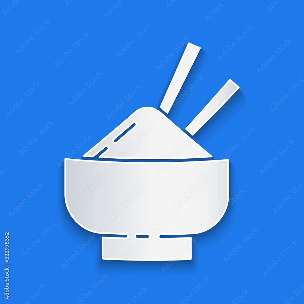 Paper cut Rice in a bowl with chopstick icon isolated on blue background. Traditional Asian food. Pa