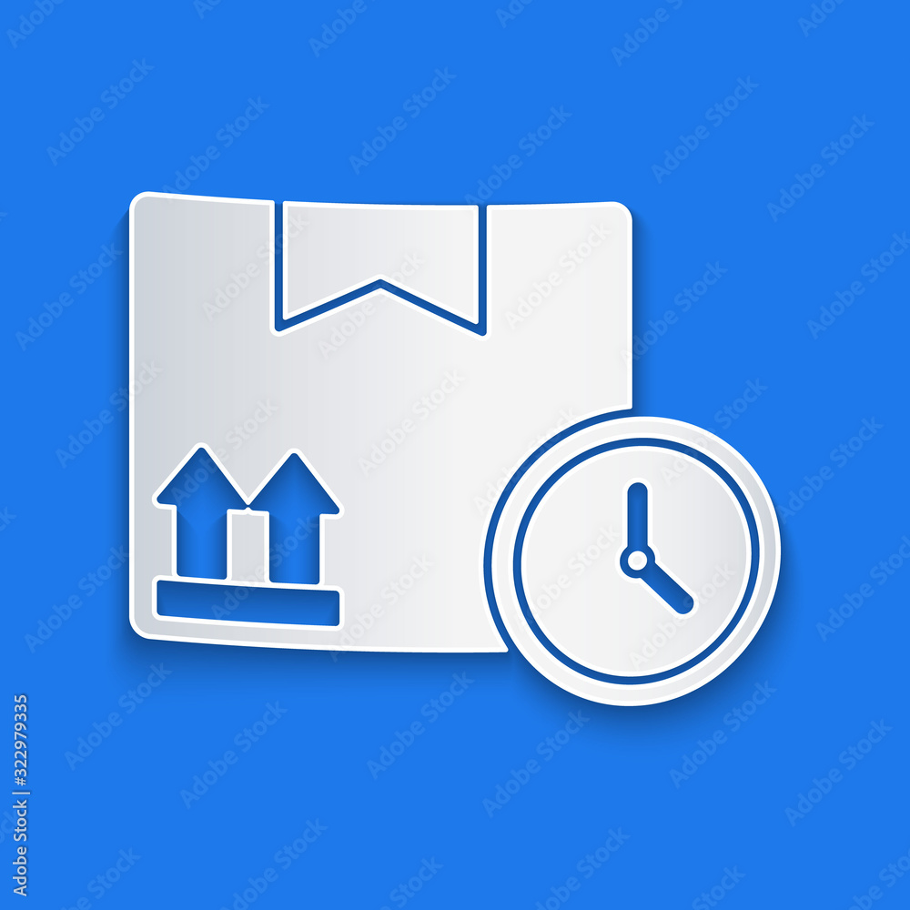 Paper cut Carton cardboard box and fast time delivery icon isolated on blue background. Box, package