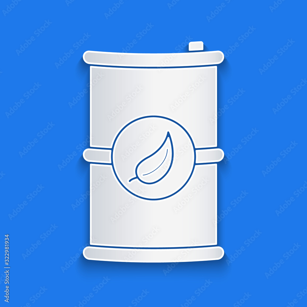 Paper cut Bio fuel barrel icon isolated on blue background. Eco bio and canister. Green environment 