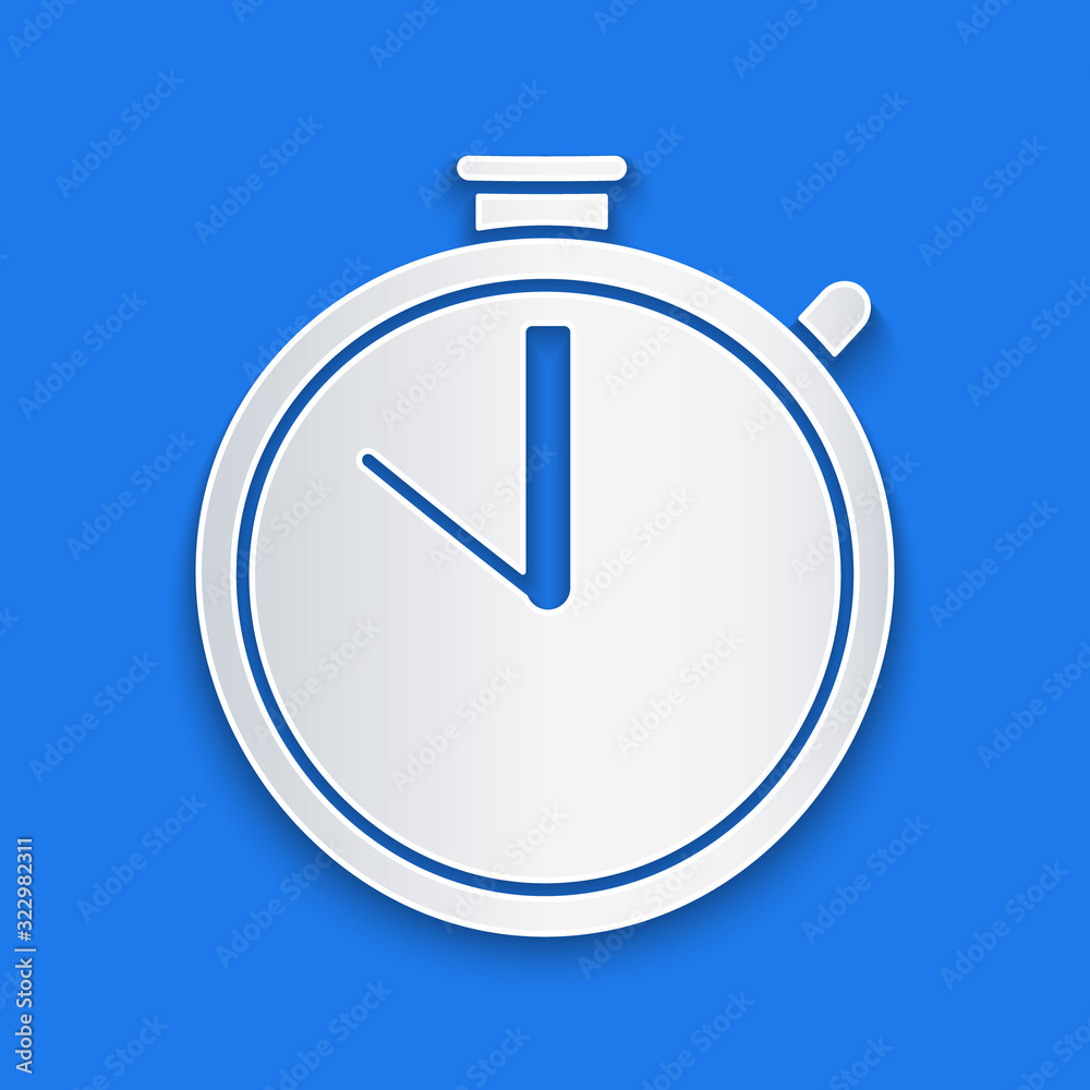 Paper cut Stopwatch icon isolated on blue background. Time timer sign. Chronometer sign. Paper art s