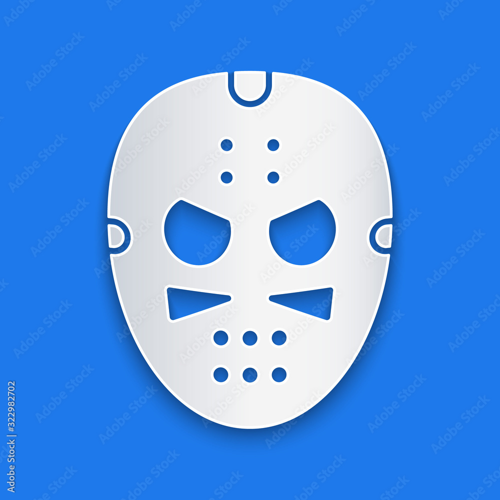 Paper cut Hockey mask icon isolated on blue background. Paper art style. Vector Illustration