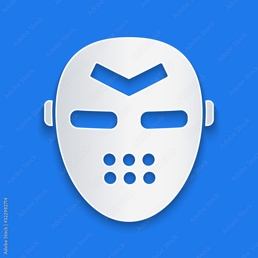 Paper cut Hockey mask icon isolated on blue background. Paper art style. Vector Illustration