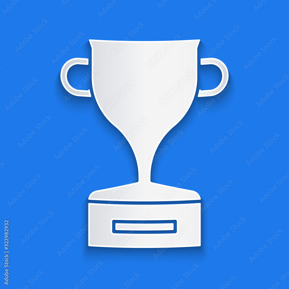 Paper cut Award cup icon isolated on blue background. Winner trophy symbol. Championship or competit