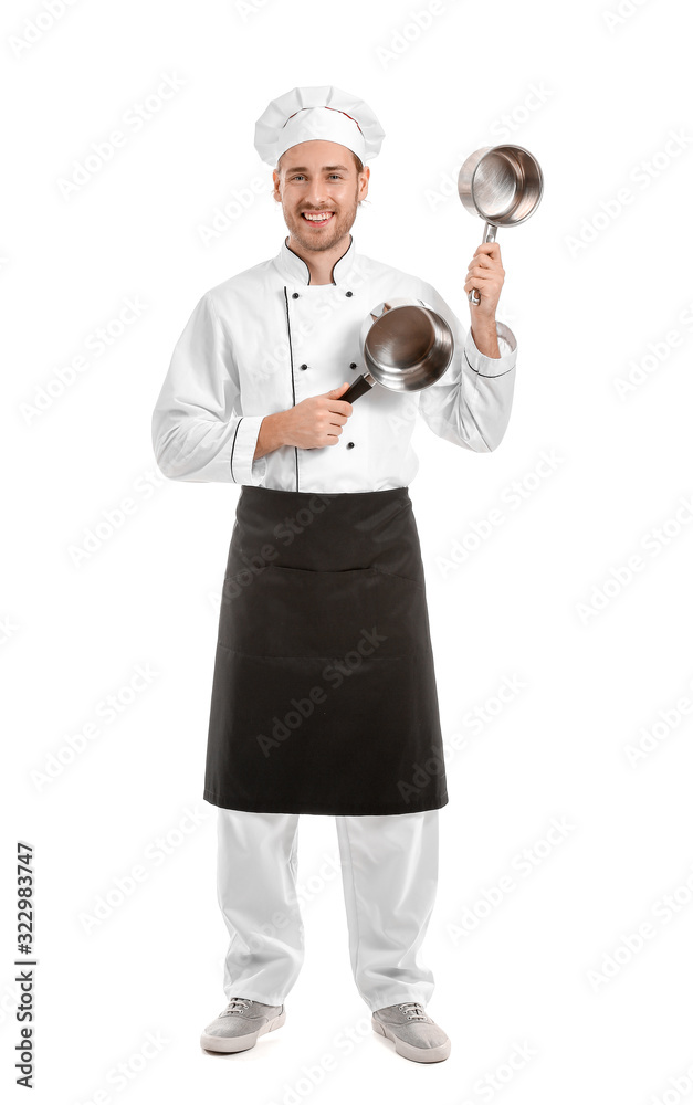 Handsome male chef with saucepans on white background