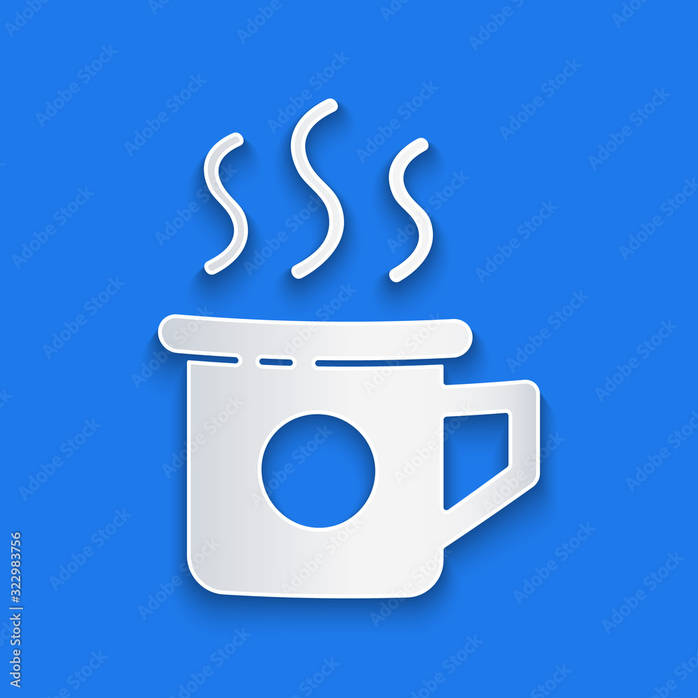 Paper cut Cup of tea icon isolated on blue background. Sweet natural food. Paper art style. Vector I