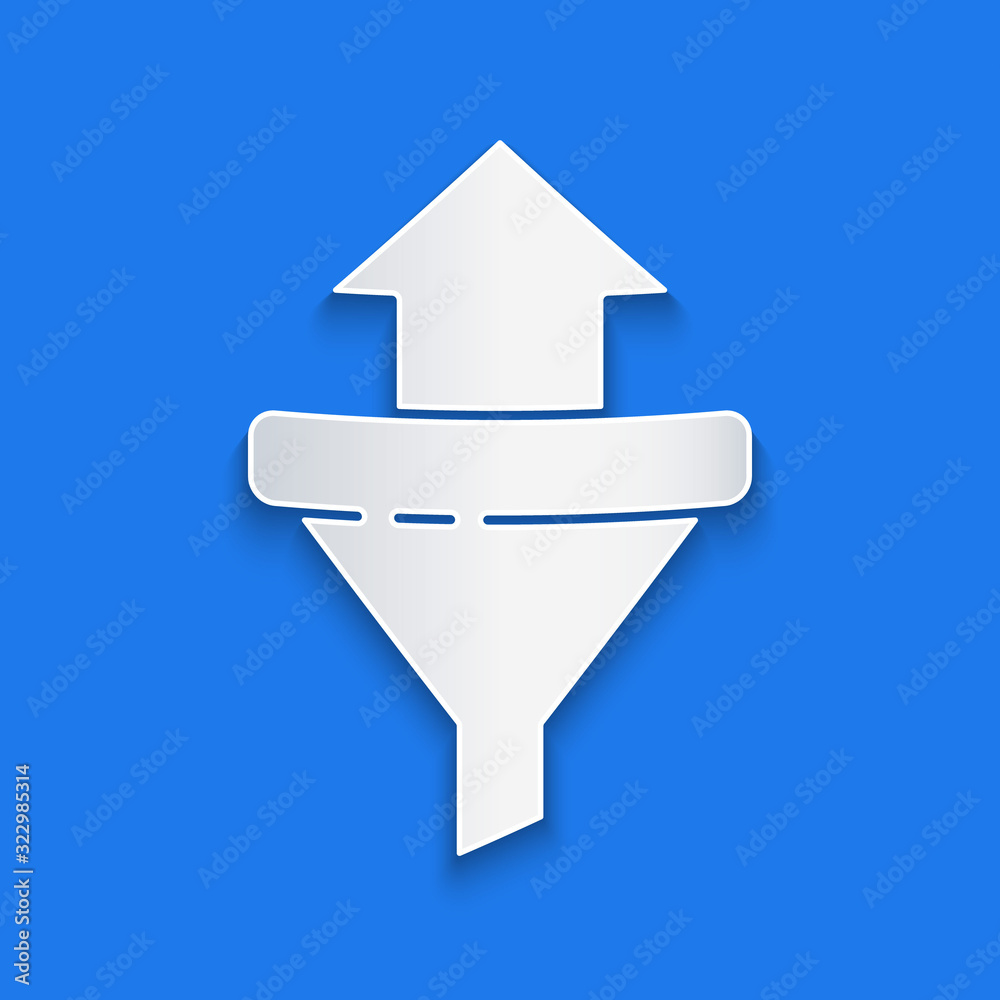 Paper cut Sales funnel with arrows for marketing and startup business icon isolated on blue backgrou