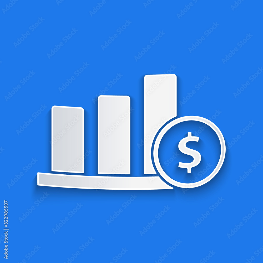 Paper cut Pie chart infographic and dollar symbol icon isolated on blue background. Diagram chart si