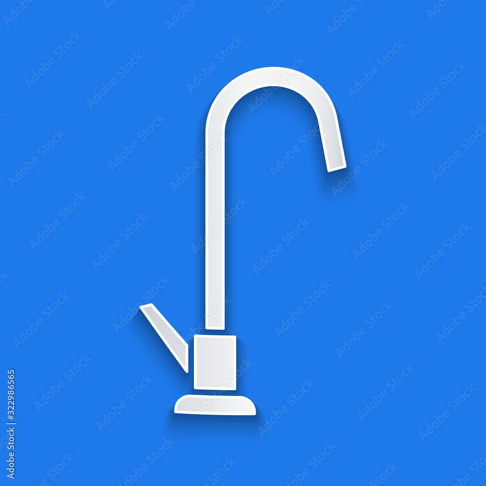 Paper cut Water tap icon isolated on blue background. Paper art style. Vector Illustration