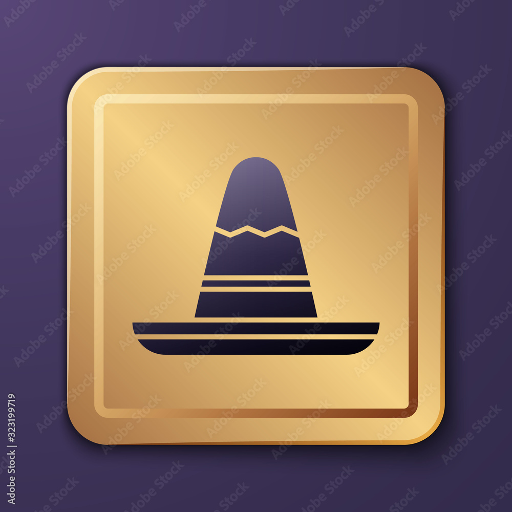 Purple Traditional mexican sombrero hat icon isolated on purple background. Gold square button. Vect