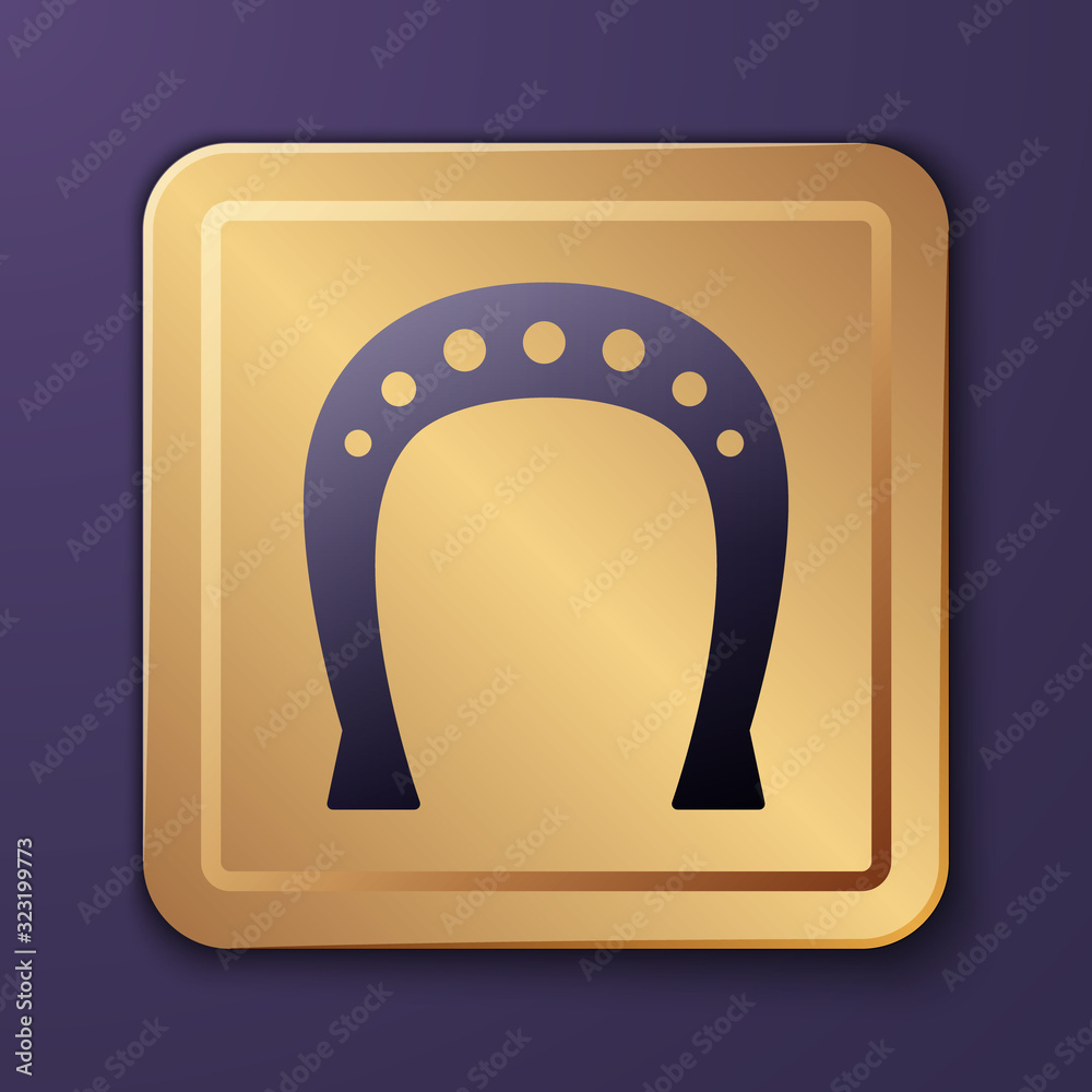 Purple Horseshoe icon isolated on purple background. Gold square button. Vector Illustration