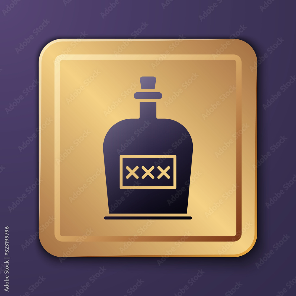 Purple Alcohol drink Rum bottle icon isolated on purple background. Gold square button. Vector Illus