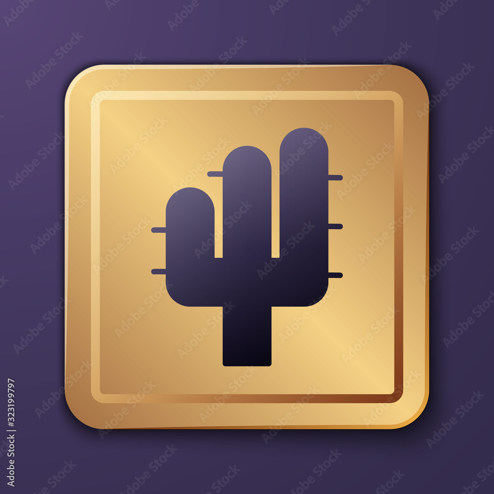 Purple Cactus icon isolated on purple background. Gold square button. Vector Illustration