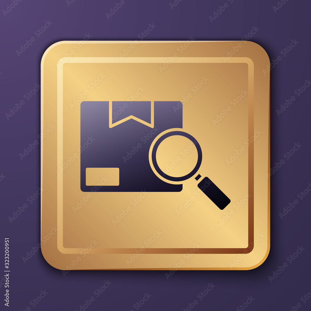 Purple Search package icon isolated on purple background. Parcel tracking. Magnifying glass and card