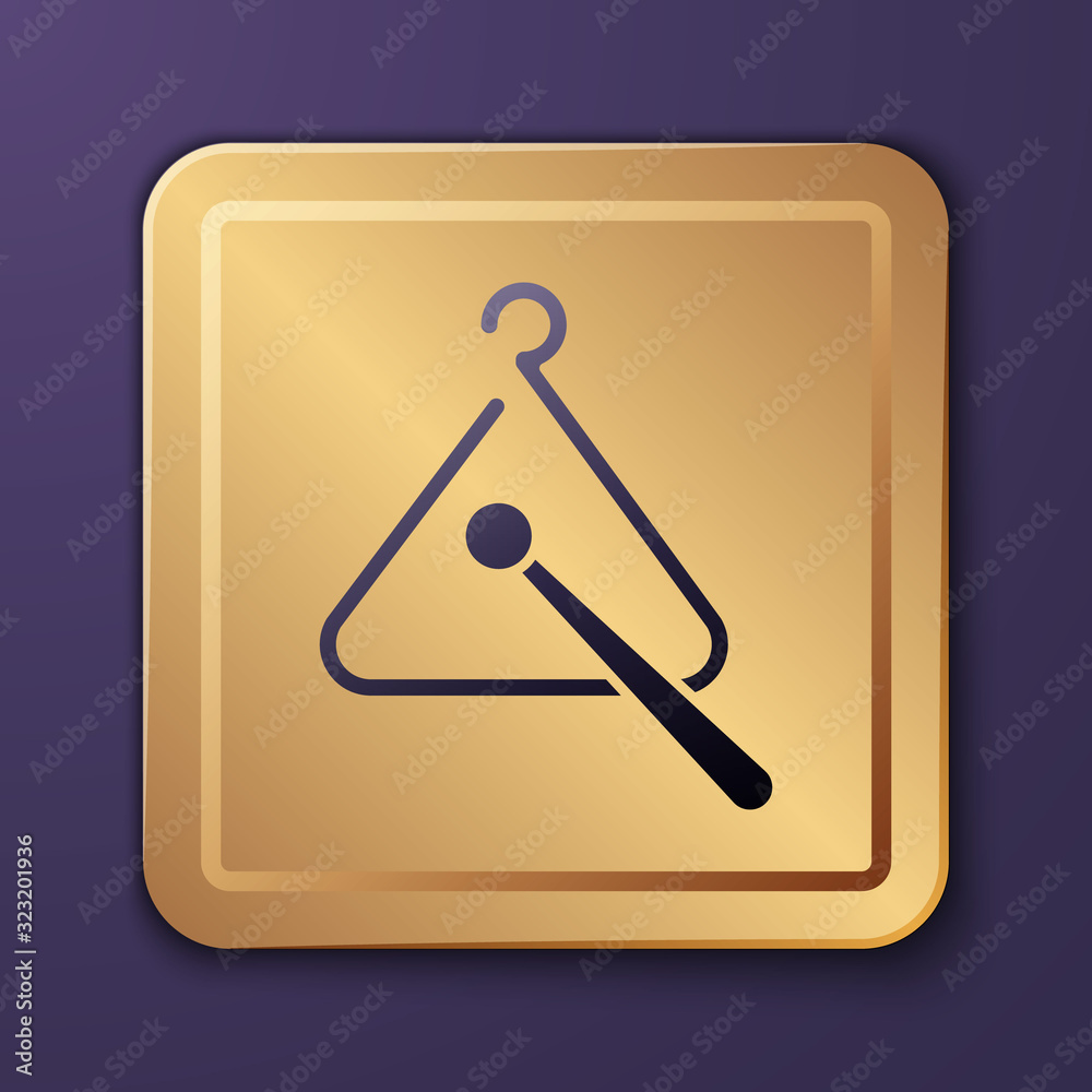 Purple Triangle musical instrument icon isolated on purple background. Gold square button. Vector Il