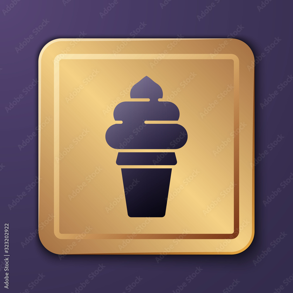 Purple Ice cream in waffle cone icon isolated on purple background. Sweet symbol. Gold square button