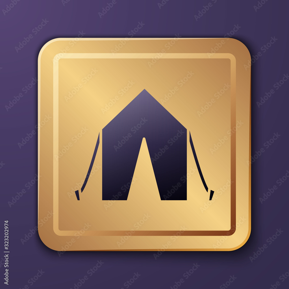 Purple Tourist tent icon isolated on purple background. Camping symbol. Gold square button. Vector I