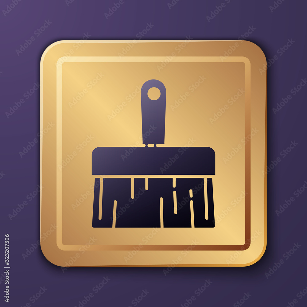 Purple Paint brush icon isolated on purple background. Gold square button. Vector Illustration