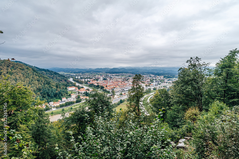 Celje, Slovenia - September 8th, 2019. Historical center of Celje with castle, municipal house and m