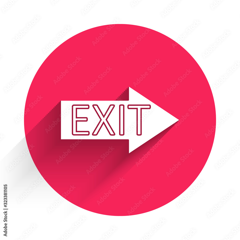 White Fire exit icon isolated with long shadow. Fire emergency icon. Red circle button. Vector Illus