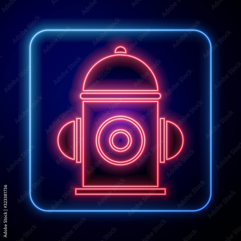 Glowing neon Fire hydrant icon isolated on blue background.  Vector Illustration