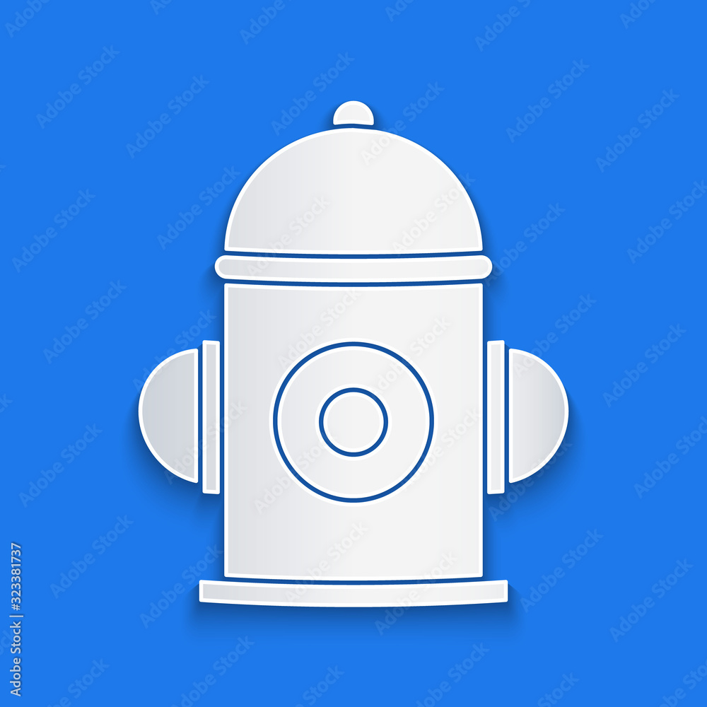 Paper cut Fire hydrant icon isolated on blue background. Paper art style. Vector Illustration