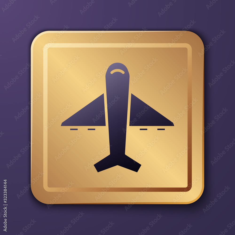 Purple Plane icon isolated on purple background. Flying airplane icon. Airliner sign. Gold square bu