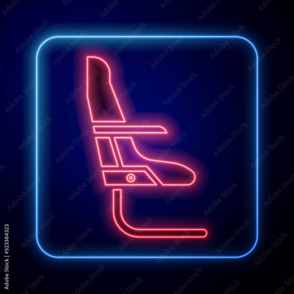 Glowing neon Airplane seat icon isolated on blue background.  Vector Illustration