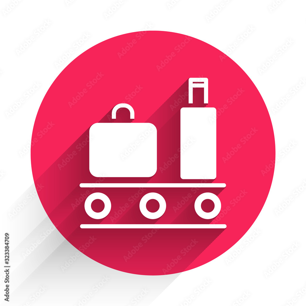 White Airport conveyor belt with passenger luggage, suitcase, bag, baggage icon isolated with long s