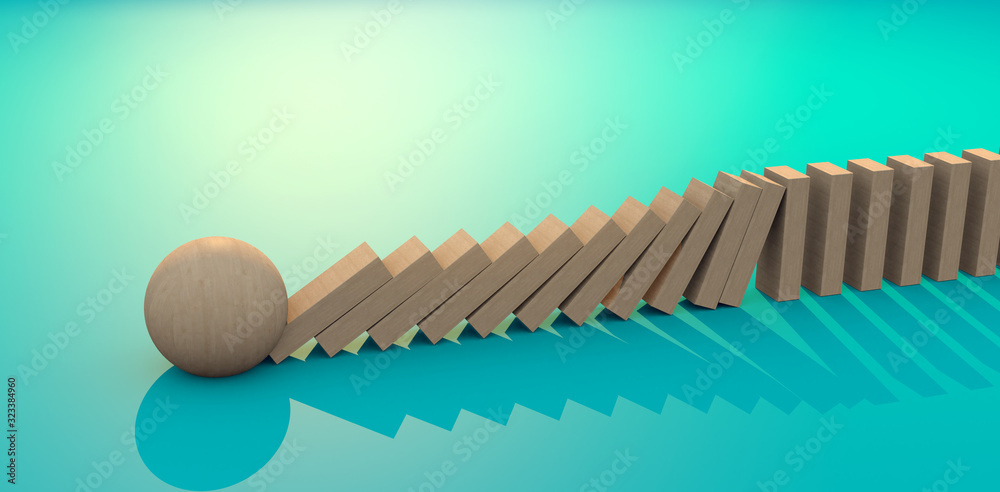 3D illustration sphere wooden ball roll to fall row of wooden block down business insurance and risk