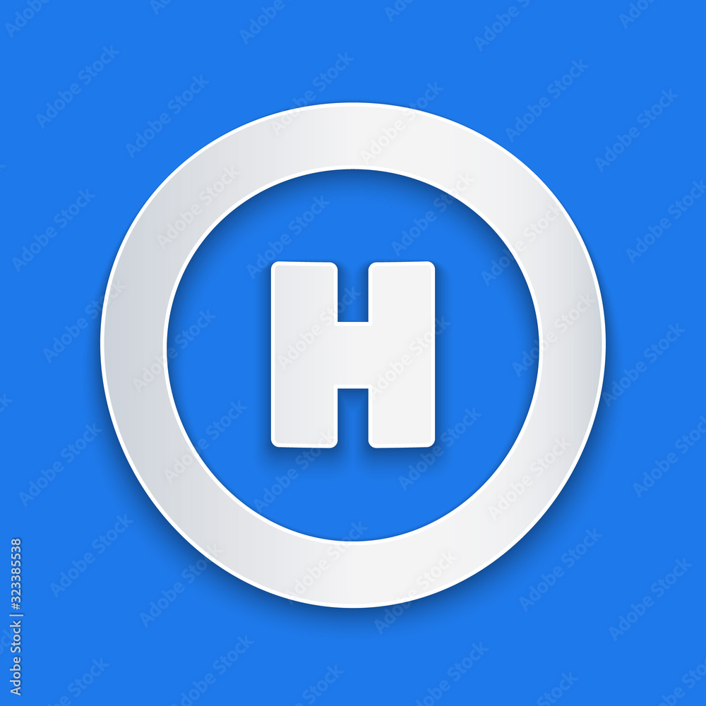 Paper cut Helicopter landing pad icon isolated on blue background. Helipad, area, platform, H letter