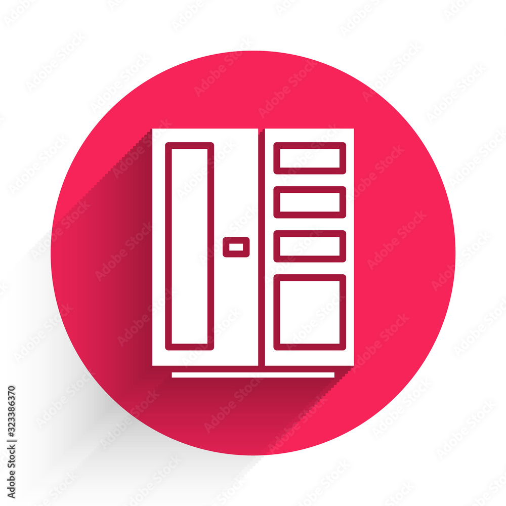 White Wardrobe icon isolated with long shadow. Red circle button. Vector Illustration