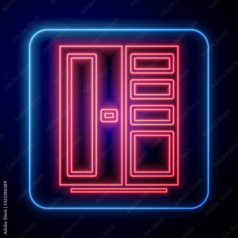 Glowing neon Wardrobe icon isolated on blue background.  Vector Illustration