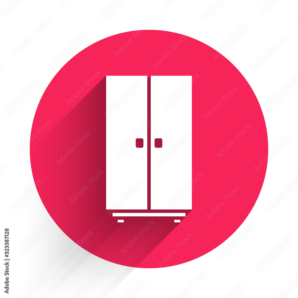 White Wardrobe icon isolated with long shadow. Red circle button. Vector Illustration