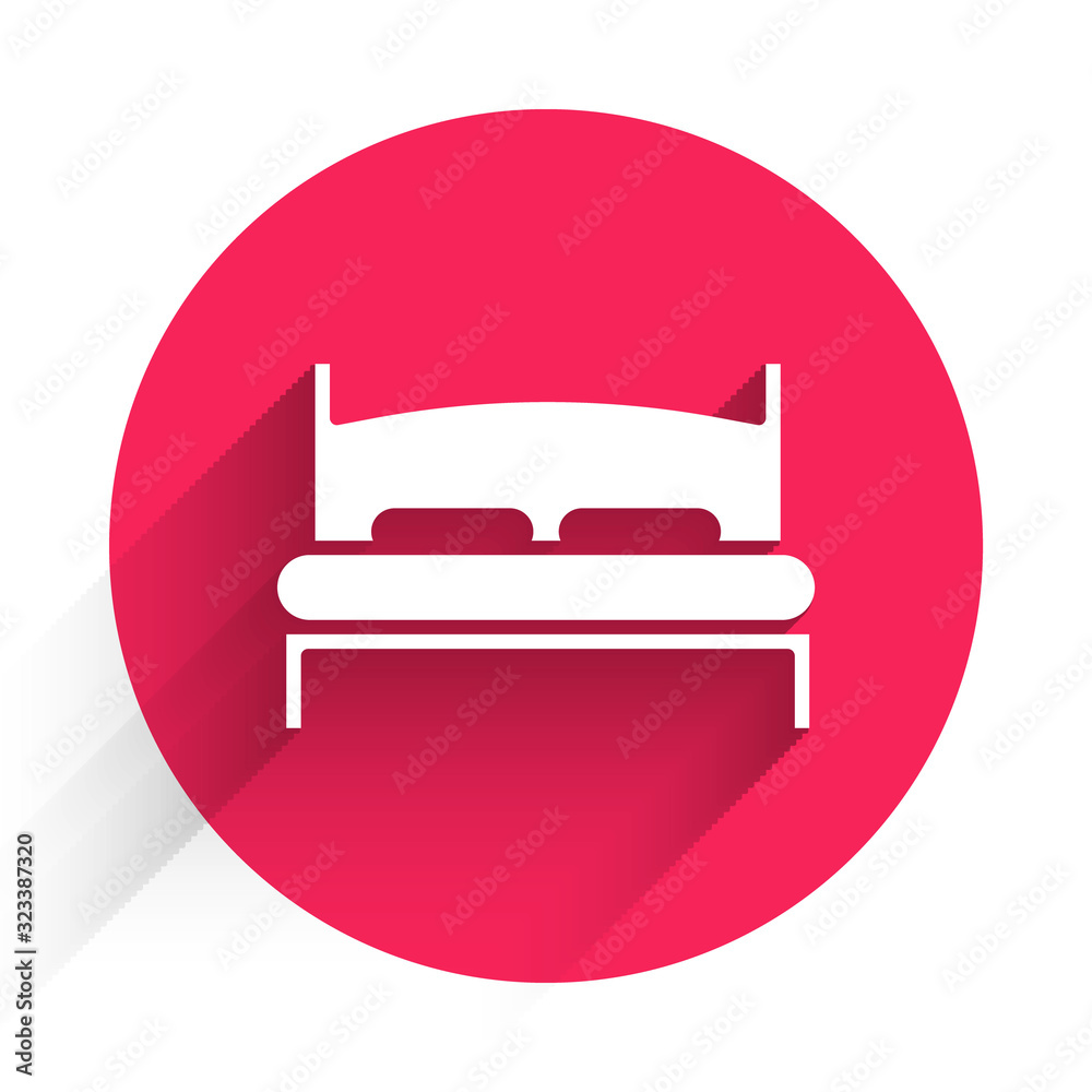 White Big bed for two or one person icon isolated with long shadow. Red circle button. Vector Illust